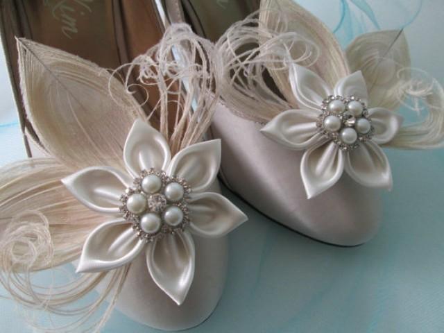 Ivory Peacock Feather Wedding Shoe Clips, Champagne Bridal Shoe Clips ...
