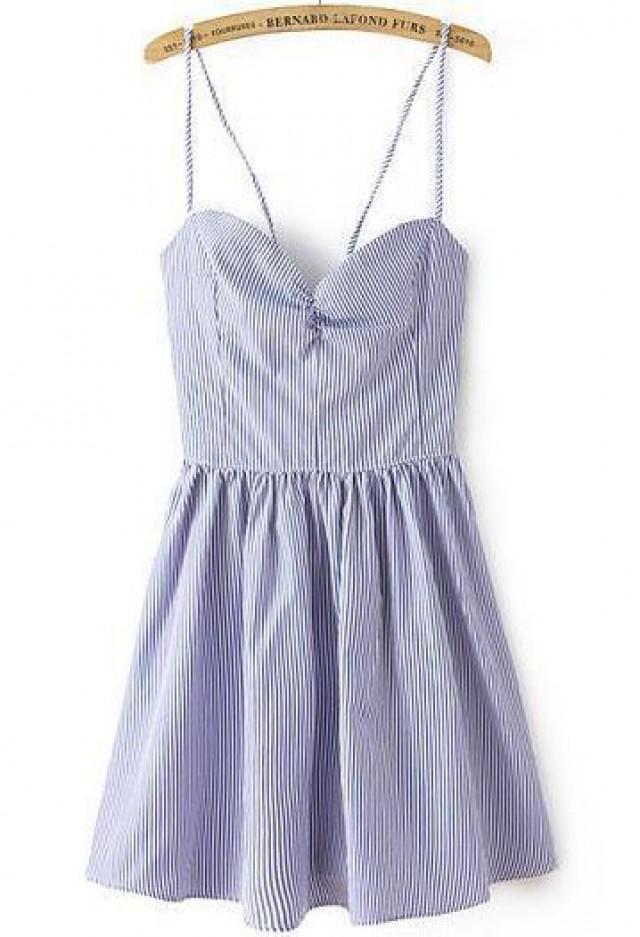 Blue White Striped Spaghetti Strap Backless Pleated Dress #2379982 ...