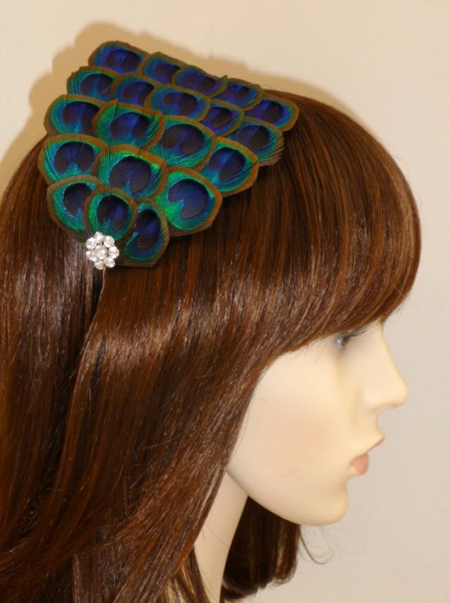 PEACOCK EYE Feathers Silver Headband Crystal Handmade Turquoise Blue ...