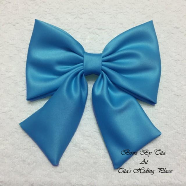 Blue Jewel Extra Large Satin Fabric Hair Bow/ Blue Wedding Bow/ Prom ...