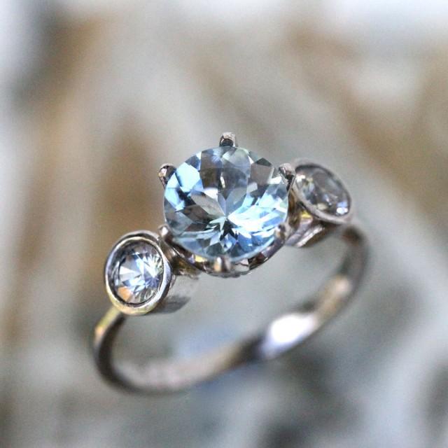 Aquamarine And White Sapphire Palladium Ring, Gemstone Ring, Three ...