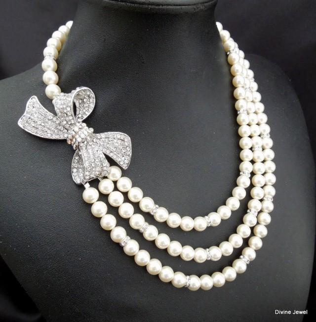 Pearl Necklace,Bridal Rhinestone Necklace,Ivory Or White Pearls,Bow ...