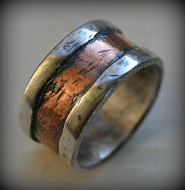 Mens Wedding Band Rustic Fine Silver And Copper Handmade Mens Wedding Band Rustic Fine Silver And Copper Handmade Hammered Designed Wide Ring Manly Customized 2401394 Weddbook