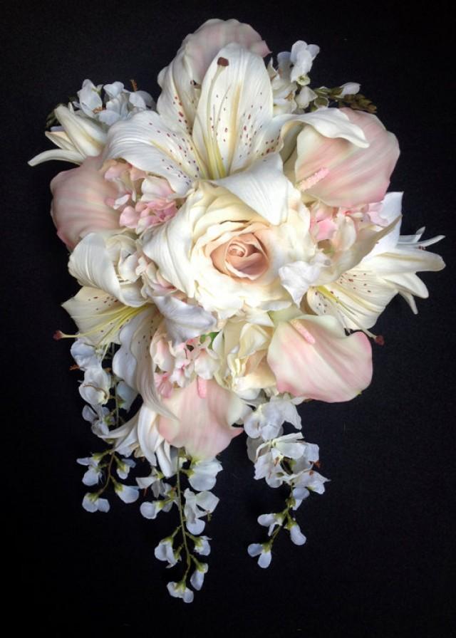 Cascading Bride's Bouquet With Blush Pink Calla Lilies And Hydrangeas ...