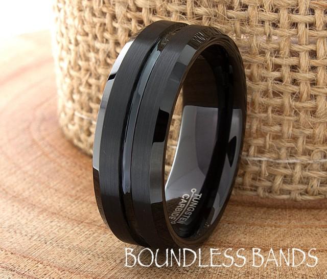 Black Tungsten Wedding Band Ring Beveled Edges Grooved Customized ...