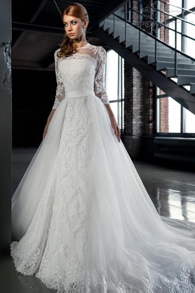 Long Sleeve Lace Aline Wedding Dress - Ivory Satin Lace A line Floor ...