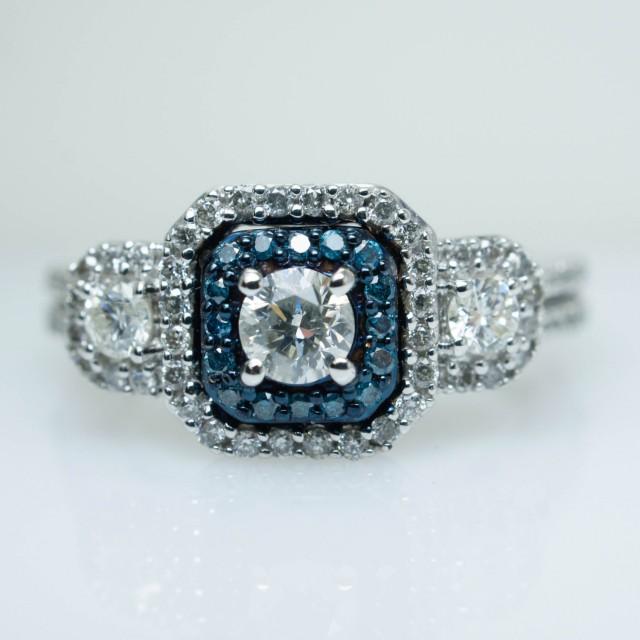 3 Stone Blue Diamond Square Halo Engagement Ring 10k White Gold Blue ...