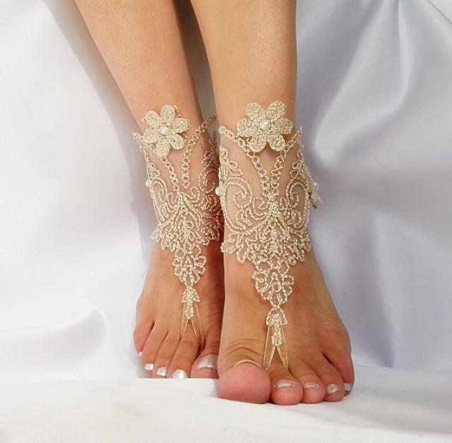 Burlap Rustic Gold Barefoot Sandals French Lace Nude Shoes Yoga Anklet ...