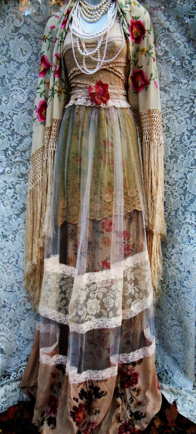 Beige Tulle Dress Tea Stained Roses Cotton Crochet Vintage Bohemian ... Gypsy Boho Dress