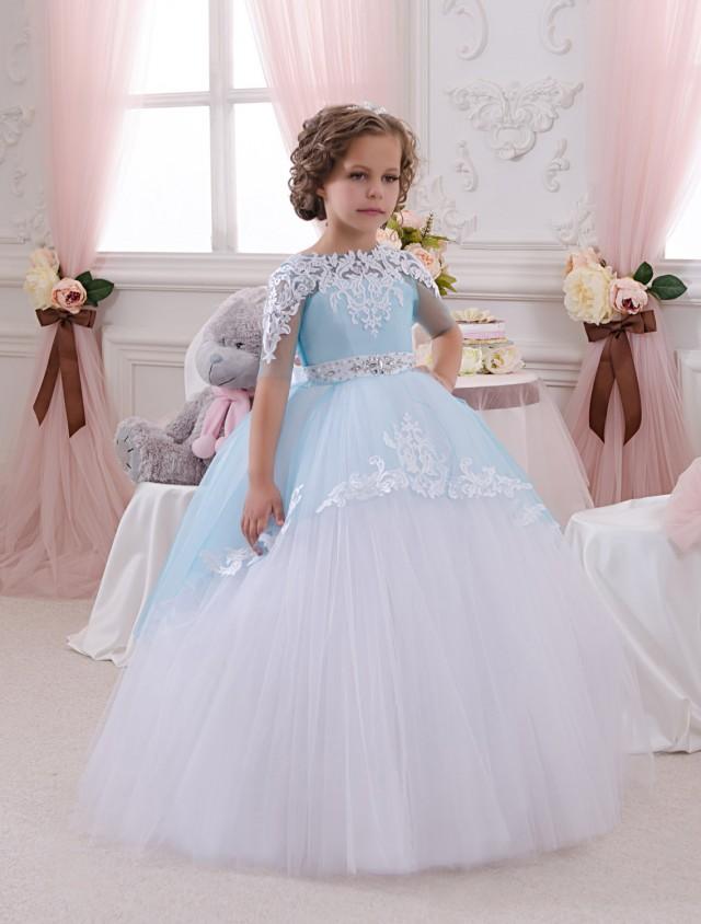 White And Blue Flower Girl Dress - Wedding Party Holiday Birthday ...