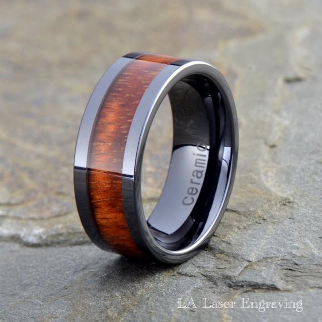 Wood Ceramic Wedding Band, Mens Ceramic Ring, Ceramic Wood Inlay Ring ...