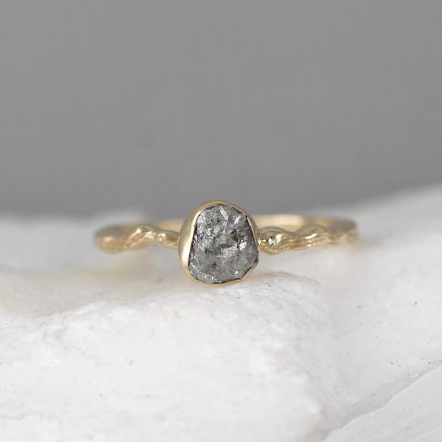 Raw Diamond Twig Engagement Ring - 14K Yellow Gold Branch Rings - Uncut ...
