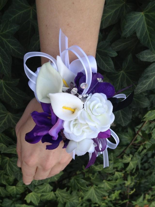 2 Pc. Purple And White Real Touch Silk Wrist Corsage And Boutonniere ...