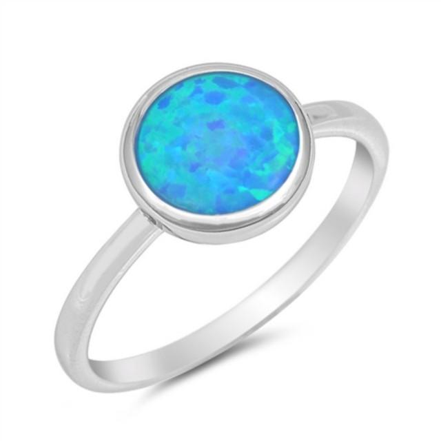 Round Cut Blue Opal Ring Solid 925 Sterling Silver Lab Created Blue ...