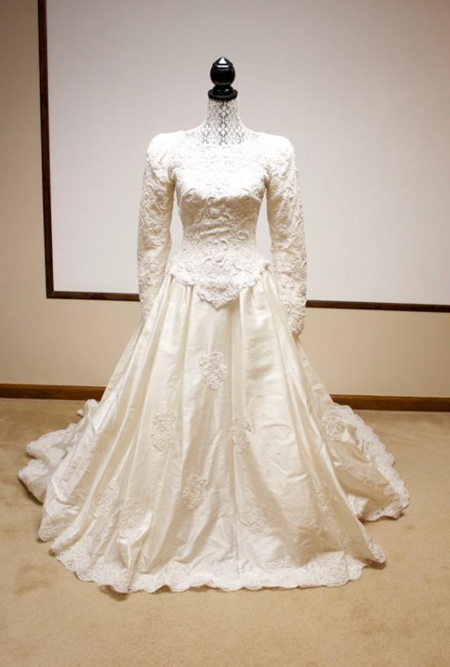 Vintage Beaded Lace Bridal Gown Silk Dupioni Wedding Dress Long Sleeve ...