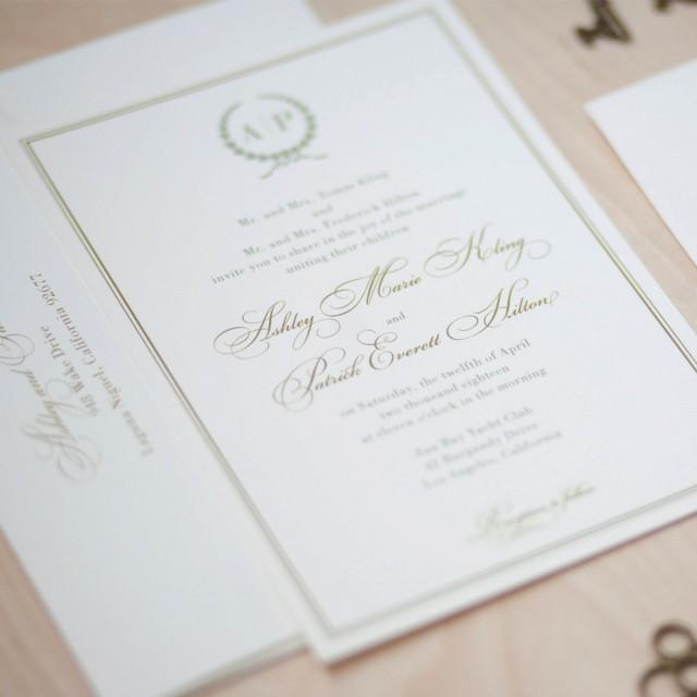 Monogram Wedding Invitation, Sage And Gold Invitation, Olive Branch ...