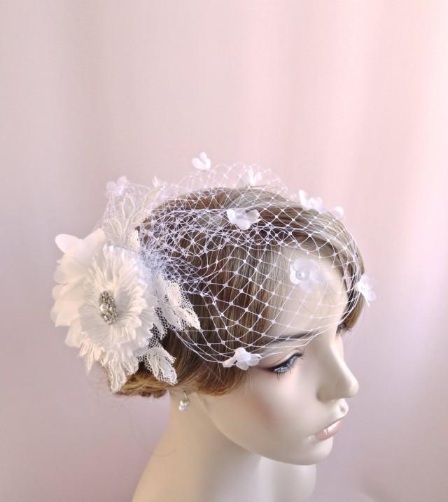 Birdcage Veil With Flowers, Rhinestone Adornment, Flowered Bridal Bird ...