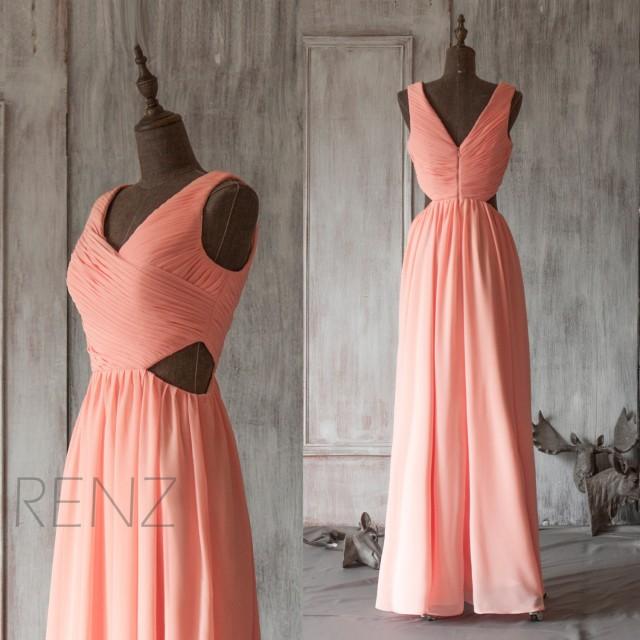 2015 Coral Bridesmaid Dress, Open Back Peach Wedding Dress, Deep V Neck ...