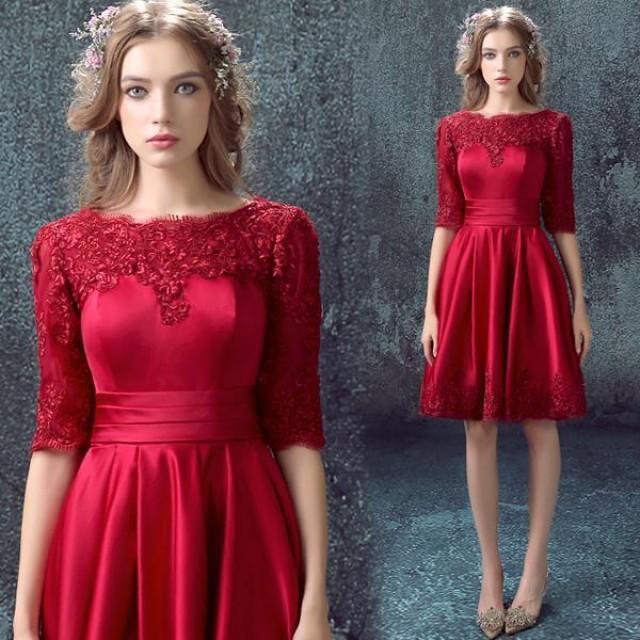 Lace 2016 Evening Dresses With Half Sleeveless Dark Red Burgundy Short ...