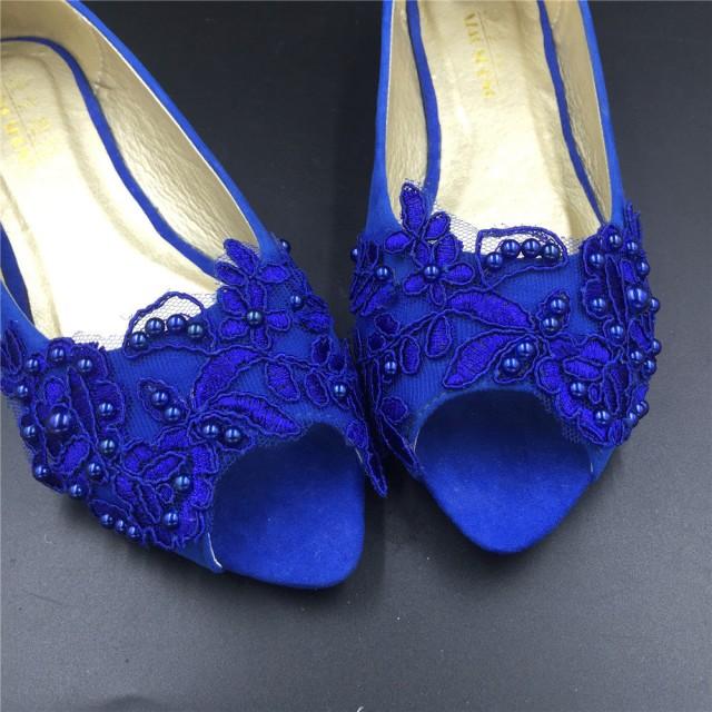 Blue Vintage Lace Wedding Shoes,RoyalblueBridal Ballet Shoes,Lace Peep ...