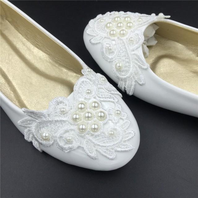 Ivory White Vintage Lace Wedding Shoes,Pearls Bridal Ballet Shoes ...
