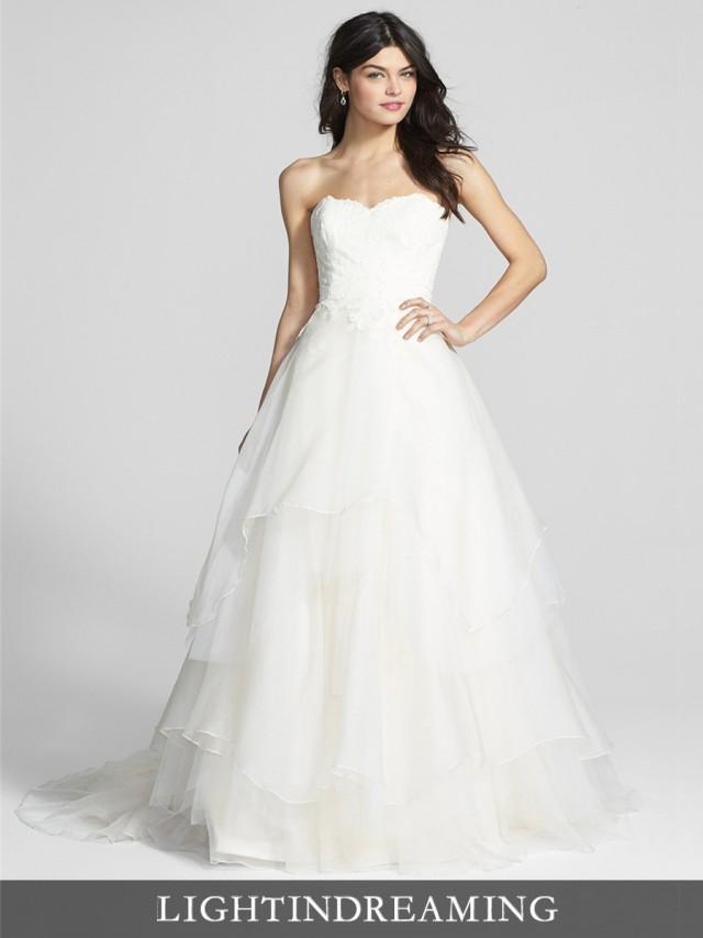 Strapless Sweetheart Lace Bodice Wedding Dresses With Tiered Ball Gown ...