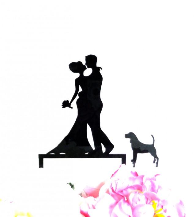Bride And Groom With Dogs Cake Topper - Black Acrylic Silhouette Wedding Cake Decoration