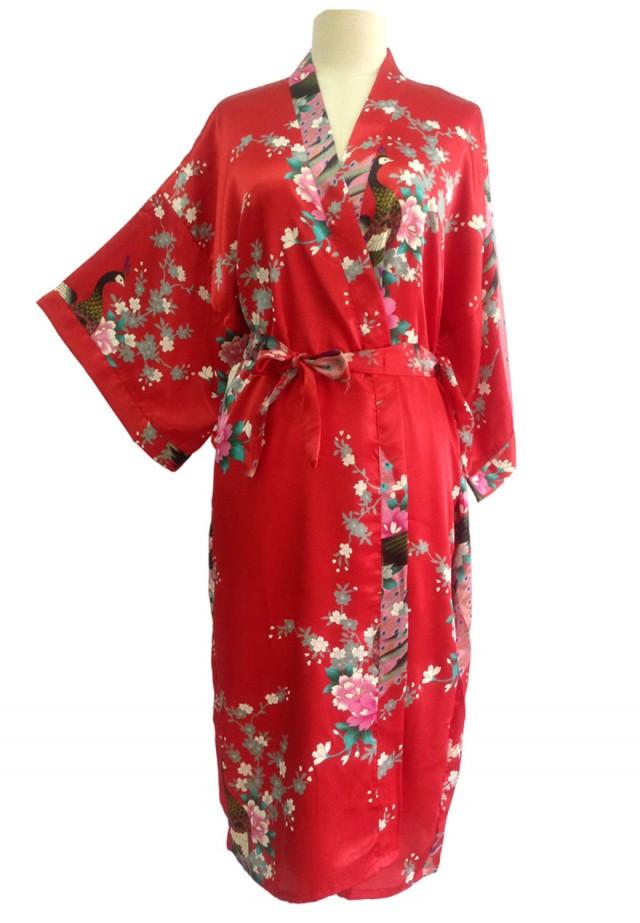 Kimono Robes Bridesmaids Silk Satin Red Colour Paint Peacock Desigh ...
