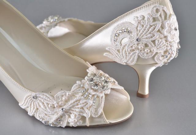 Woman's Low Heel Wedding Shoes- Woman's Vintage Wedding Lace Peep Toe ...