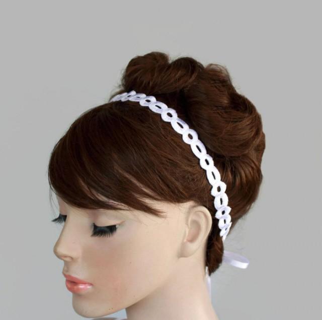 White Eyelet Lace Trim Ribbon Bridal Tie Headband, Weddings Head Piece ...