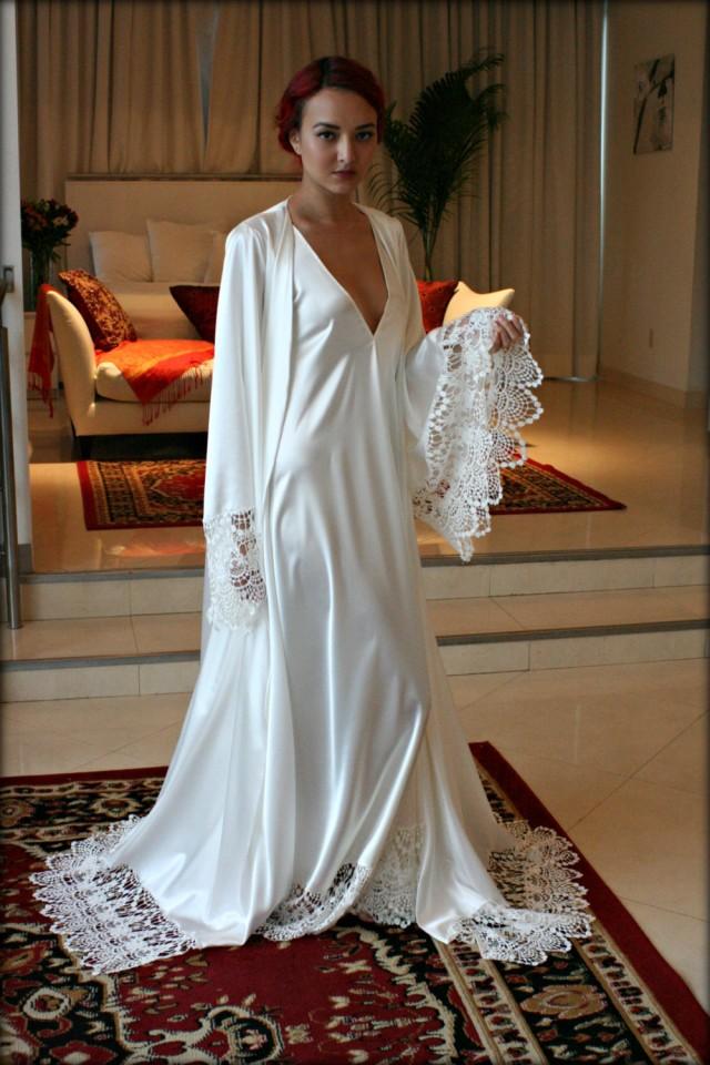 Satin Bridal Robe Wedding Trousseau Sleepwear Venise Lace Art Deco Wedding Lingerie Sarafina ...