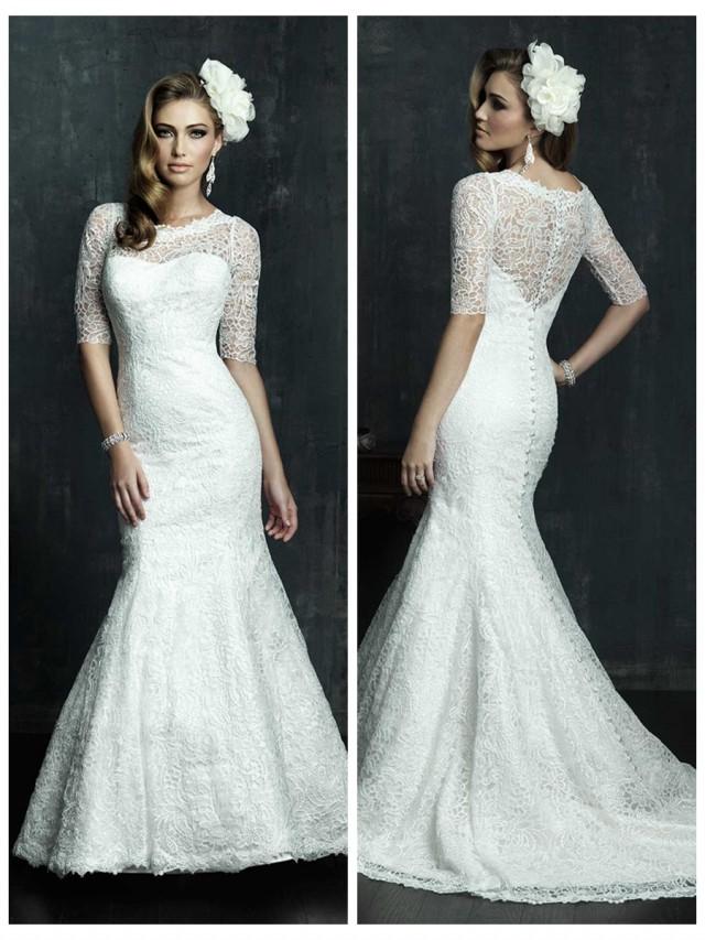 Half Sleeves Scooped Neckline Wedding Dress With Covered Sheer Lace ...