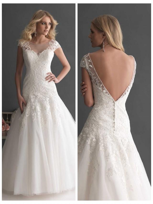 Elegant A-line Cap Sleeves Bateau Neckline Wedding Dress With Deep V ...