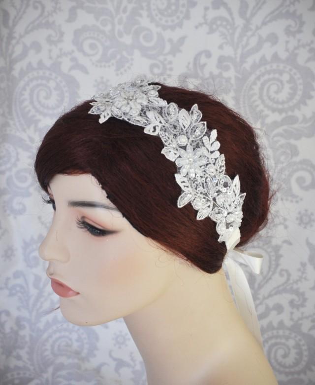 Bridal Lace Headpiece, Wedding Headband With Satin Ribbon Tie, Head ...