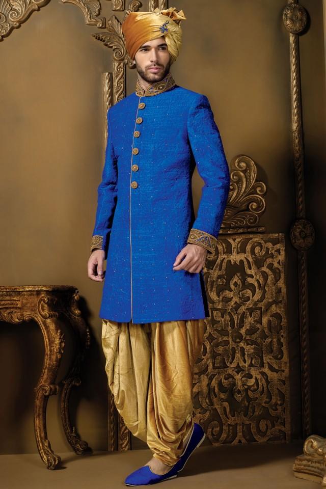 Royal Blue & Gold Self Embossed Silk Suave Sherwani #2459155 - Weddbook