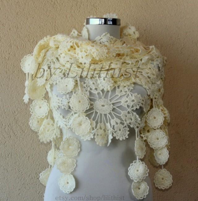 Ivory Shawl, Lace Shawl, Flower Shawl, Crochet Shawl, Crochet Scarf ...