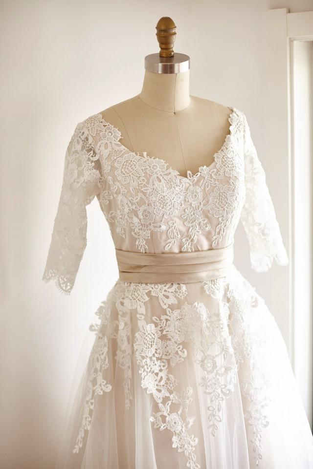 V Back Elbow Quarter Sleeves Lace Tulle Tea Short Wedding Dress Bridal ...