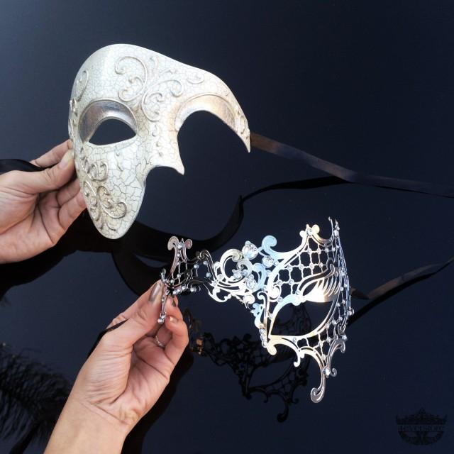 His & Hers Classic Phantom Masquerade Masks [Ivory/Silver Themed ...