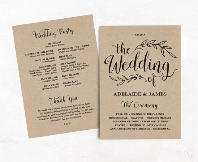 Printable Wedding Program, Wedding Program Template, Kraft Paper ...