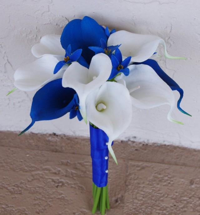 Silk Wedding Bouquet With Blue And White Calla Lilies - Natural Touch ...