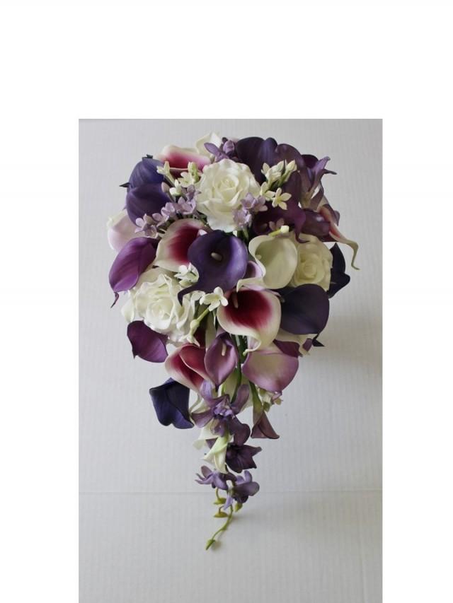 Cascade Wedding Calla Lily Bouquet Purple Bouquet Bridal Bouquet Real ...