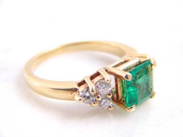 Vintage Colombian Emerald Diamond Engagement Ring 14K Yellow Gold Ring ...