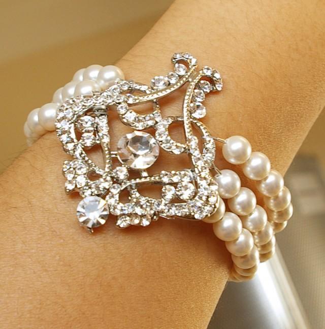 Art Deco Style Filigree Bridal Bracelet, Pearl Wedding Bracelet Cuff ...