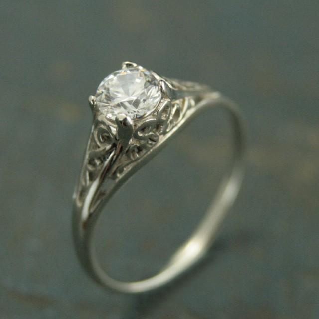 14K White Gold Vintage Style Filigree Engagement Ring--Cinderella ...
