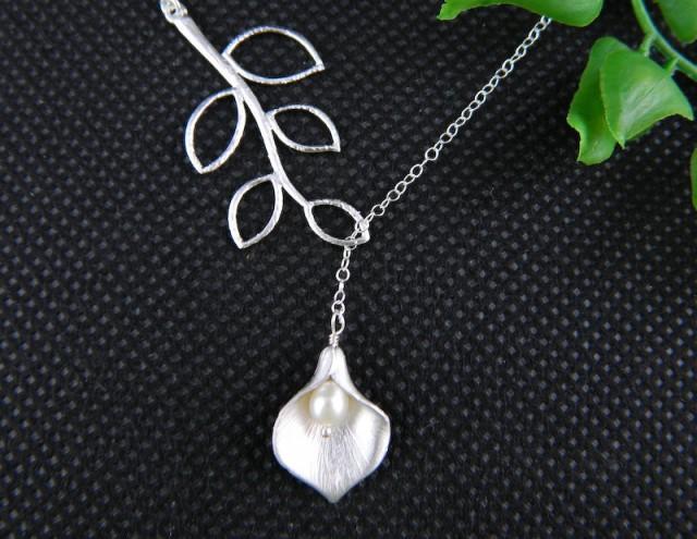 Lariat Calla Lily Necklace, Silver Flower Necklace, Maid Of Honor ...
