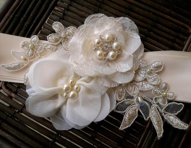 Champagne, Ivory, And Gold Bridal Sash Belt With Fabric Flowers, Lace ...