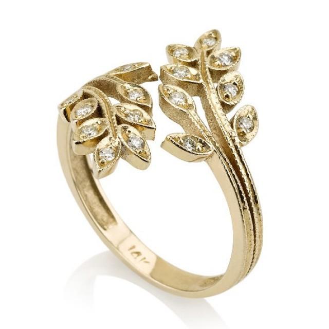 Tree Ring, 14K Yellow Gold Ring, Leaf Ring, Art Deco Ring, Promise Ring ...