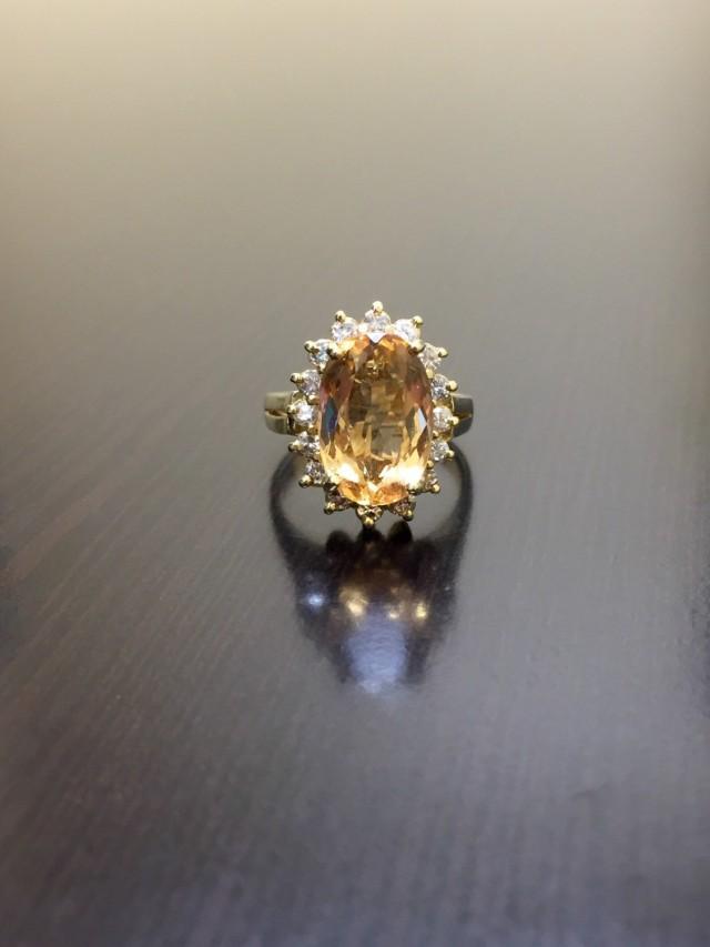 14K Yellow Gold Imperial Topaz Halo Diamond Engagement Ring - Art Deco ...