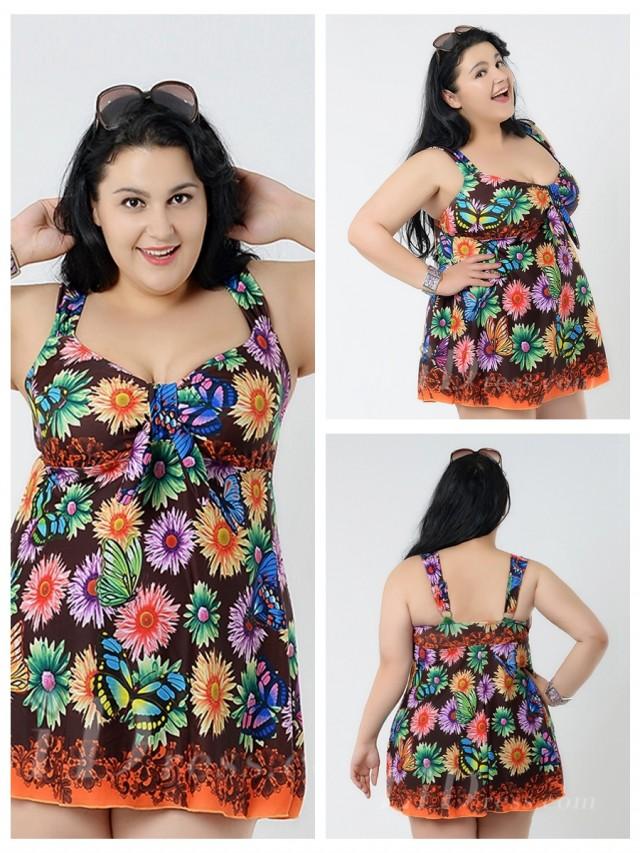 Brown Flower Conservative Colorful Printed High Elasticity Plus Size ...