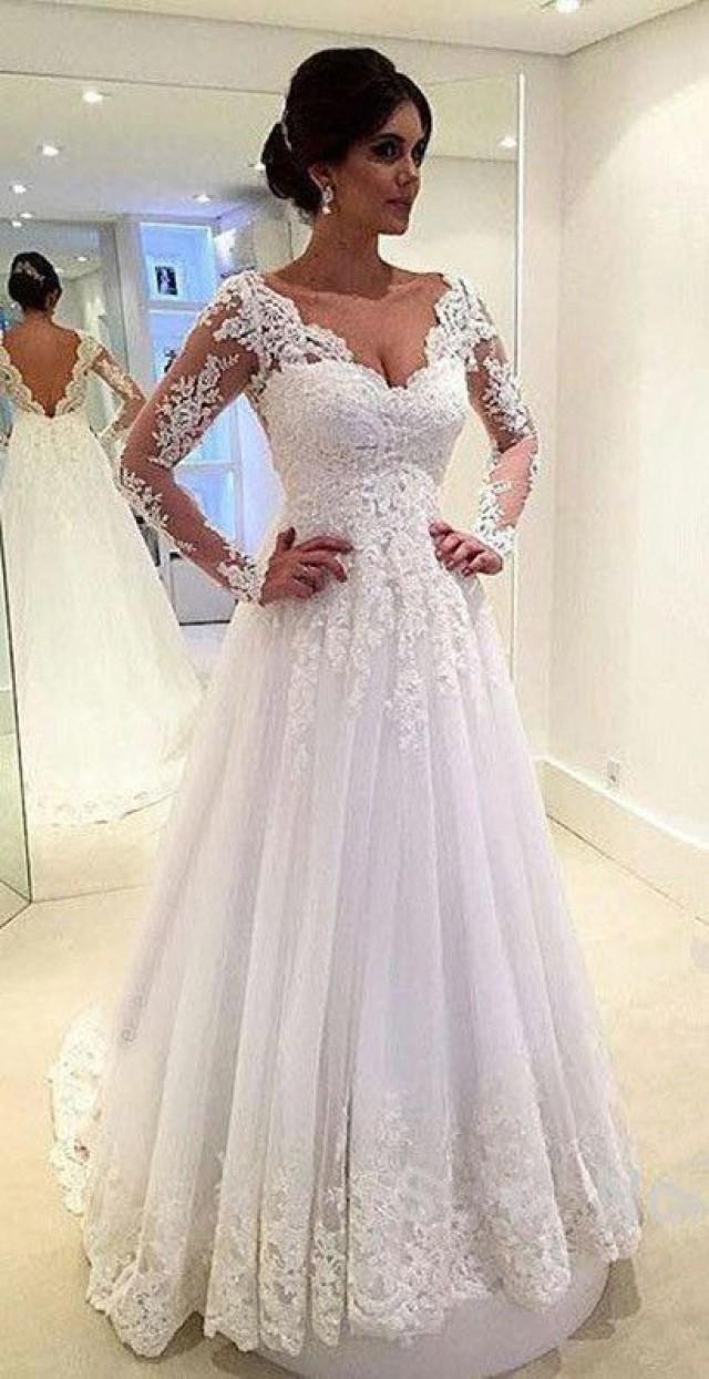 Long Sleeves Lace A-line Wedding Dresses V Neck Open Back Floor Length ...